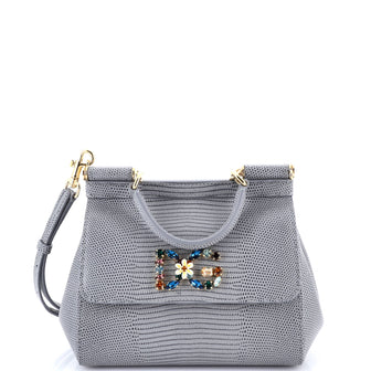 Dolce & Gabbana Miss Sicily Bag Lizard Embossed Leather with Crystal Detail Small