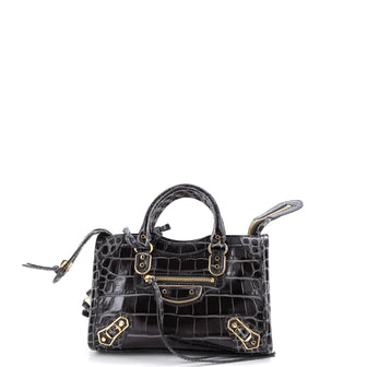 Balenciaga City Classic Metallic Edge Bag Crocodile Embossed Leather Mini
