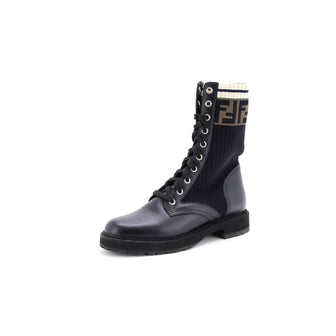Fendi Women's Rockoko Combat Boots Leather with Knit Stretch Fabric and Zucca Trim