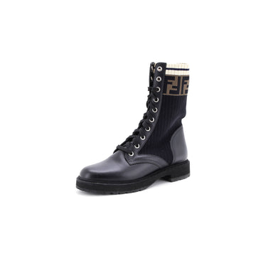 Fendi Women's Rockoko Combat Boots Leather with Knit Stretch Fabric and Zucca Trim