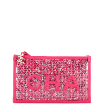 Chanel Logo Wristlet Clutch PVC Over Quilted Tweed Large
