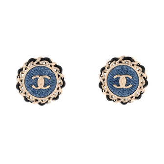 Chanel CC Round Stud Earrings Metal with Denim and Leather