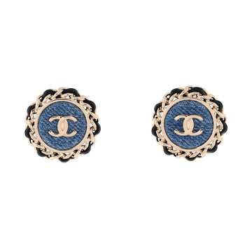 Chanel CC Round Stud Earrings Metal with Denim and Leather