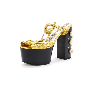 Gucci Women's Crawford Knot Platform Sandals Leather with Faux Pearls