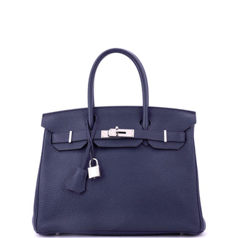 Hermes Birkin Handbag Blue Clemence with Palladium Hardware 30