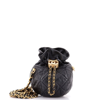 Chanel Drawstring CC Round Bucket Clutch with Chain Quilted Lambskin Mini