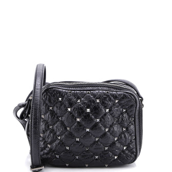 Valentino Garavani Rockstud Double Zip Camera Bag Quilted Crackled Leather
