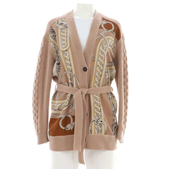 Hermes Women's Belted Long V-Neck Cardigan Printed Silk and Cashmere Blend