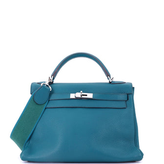 Hermes Kelly Amazone Handbag Blue Clemence with Palladium Hardware 32