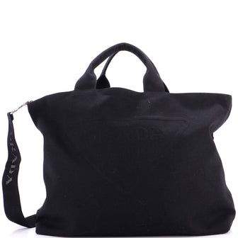 Prada Embossed Triangle Logo Convertible Tote Canvas Large