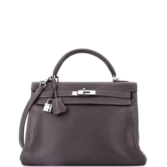 Hermes Kelly Handbag Grey Clemence with Palladium Hardware 32