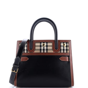 Burberry Title Two Handle Tote Leather with Vintage Check Canvas Mini