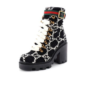 Gucci Women's Heeled Lace Up Combat Ankle Boots GG Tweed