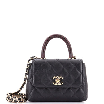 Chanel Coco Top Handle Bag Quilted Caviar with Lizard Embossed Handle Extra Mini