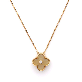 Van Cleef & Arpels Vintage Alhambra Pendant Necklace 18K Yellow Gold and Gold Mother of Pearl with Diamond