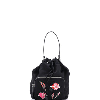 Prada Drawstring Bucket Bag Embellished Tessuto Small