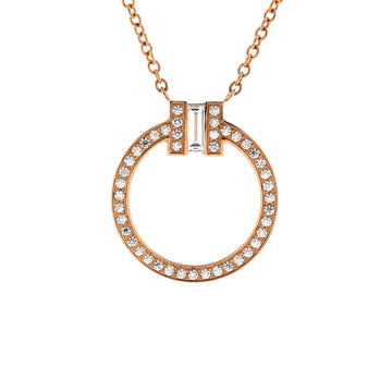 Tiffany & Co. T Circle Pendant Necklace 18K Rose Gold with Diamonds and Center Baguette Diamond Small