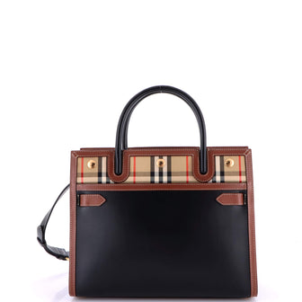 Burberry Title Two Handle Tote Leather with Vintage Check Canvas Small