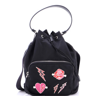 Prada Drawstring Bucket Bag Embellished Tessuto Small