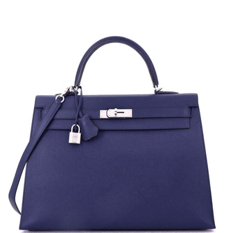 Hermes Kelly Handbag Blue Epsom with Palladium Hardware 35