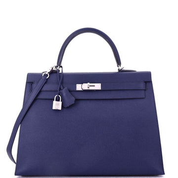 Hermes Kelly Handbag Blue Epsom with Palladium Hardware 35