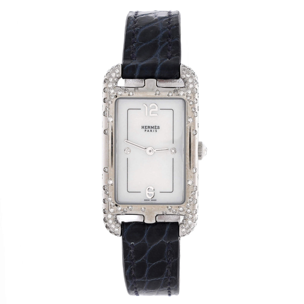 Nantucket Quartz Watch Stainless Steel and Alligator with Diamond Scattered Bezel Diamond Markers and Mother of Pearl 20