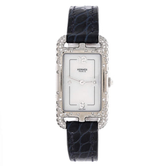 Hermes Nantucket Quartz Watch Stainless Steel and Alligator with Diamond Scattered Bezel Diamond Markers and Mother of Pearl 20
