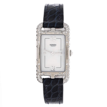 Hermes Nantucket Quartz Watch Stainless Steel and Alligator with Diamond Scattered Bezel Diamond Markers and Mother of Pearl 20