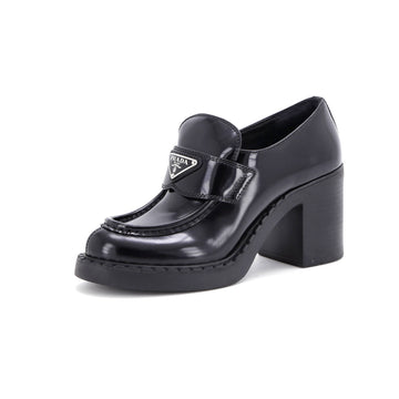 Prada Women's Triangle Logo Heeled Loafers Spazzolato Leather