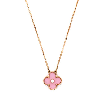 Van Cleef & Arpels Vintage Alhambra Pendant Necklace 18K Rose Gold and Pink Sevres Porcelain with Diamond