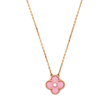 Van Cleef & Arpels Vintage Alhambra Pendant Necklace 18K Rose Gold and Pink Sevres Porcelain with Diamond