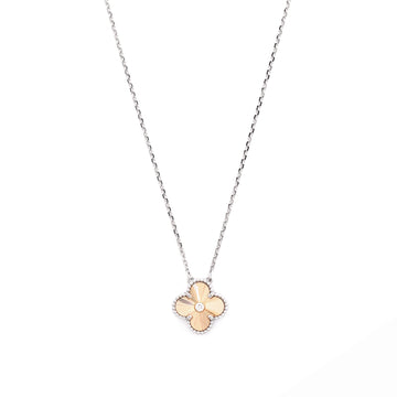 Van Cleef & Arpels Vintage Alhambra Pendant Necklace 18K White Gold and Guilloche 18K Rose Gold with Diamond