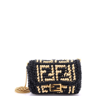 Fendi Chain Baguette Charm Bag Zucca Raffia Nano