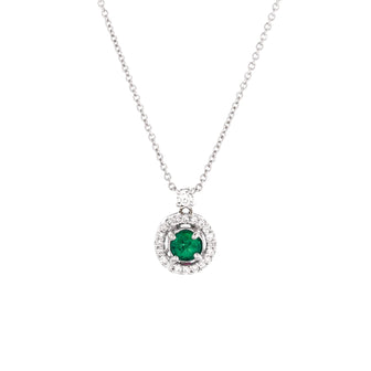 Roberto Coin Round Halo Pendant Necklace 18K White Gold with Diamonds and Emerald