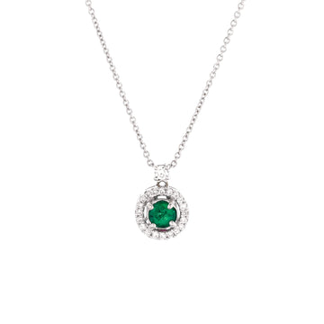 Roberto Coin Round Halo Pendant Necklace 18K White Gold with Diamonds and Emerald
