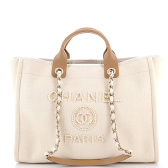 Chanel Deauville Tote Pearl Embellished Canvas Medium