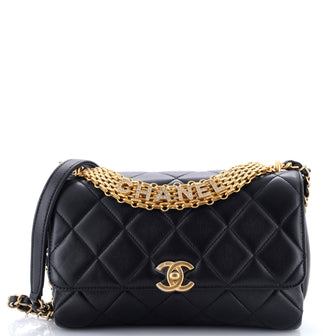 Chanel Crystal Logo Letters Chain Handle Flap Bag Quilted Lambskin Medium