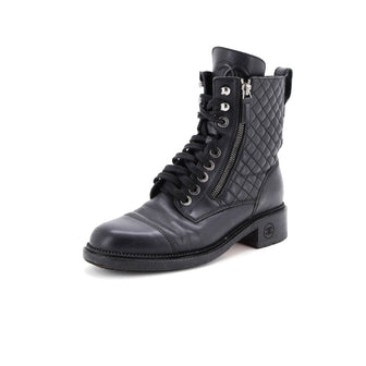 Chanel Women's CC Zip Up Combat Boots Quilted Leather