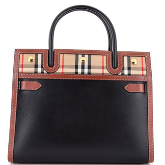 Burberry Title Two Handle Tote Leather with Vintage Check Canvas Small