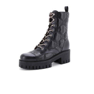 Gucci Women's Platform Lug Sole Combat Boots GG Embossed Leather