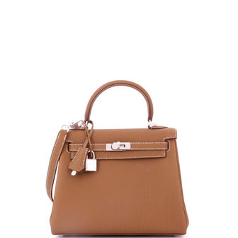 Hermes Kelly Handbag Brown Togo with Brushed Palladium Hardware 25