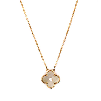 Van Cleef & Arpels Vintage Alhambra Pendant Necklace 18K Yellow Gold and Gold Mother of Pearl with Diamond