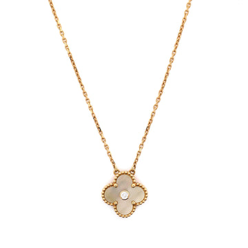 Van Cleef & Arpels Vintage Alhambra Pendant Necklace 18K Yellow Gold and Gold Mother of Pearl with Diamond