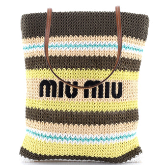 Miu Miu Logo Tote Striped Raffia and Leather Tall
