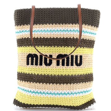 Miu Miu Logo Tote Striped Raffia and Leather Tall