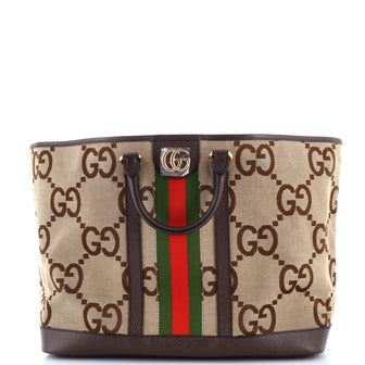 Gucci Ophidia Top Handle Shopping Tote Jumbo GG Canvas with Leather Medium