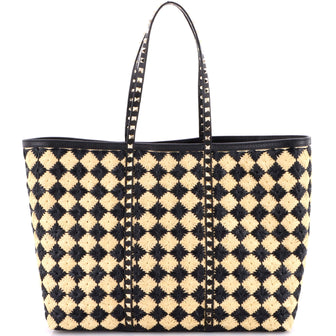 Valentino Garavani Rockstud Shopping Bag Check Embroidered Raffia Large