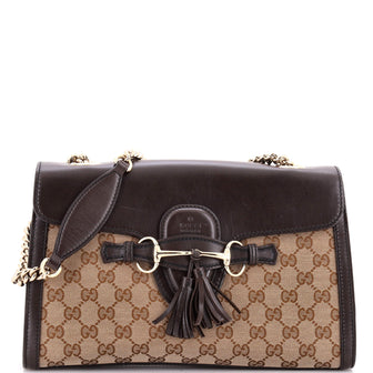 Gucci Emily Chain Flap Shoulder Bag GG Canvas and Leather Medium