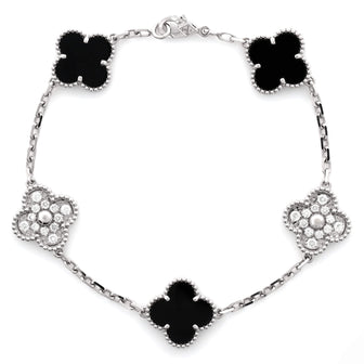 Van Cleef & Arpels Vintage Alhambra 5 Motifs Bracelet 18K White Gold and Onyx with Diamonds