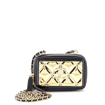 Chanel Golden Plate Zip Around Vanity Case with Chain Quilted Metal and Lambskin Extra Mini